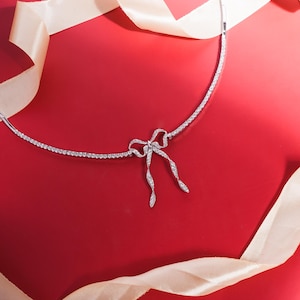 Bow Necklace with Diamond – Cute and Elegant Bow Pendant, Silver/Gold Plated, Anniversary or Birthday Gift for Women