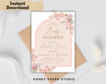 Boho Baby Shower Einladung Mädchen: Pink Pampas Floral (Printable Download)