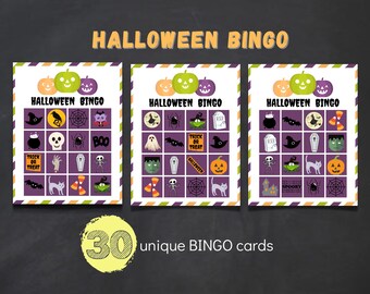 Juego de bingo de Halloween: 30 tarjetas imprimibles únicas (descarga instantánea)