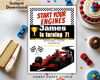 Invitación de cumpleaños de Fórmula 1: Fiesta de coches de carreras rojos, plantilla editable (archivo digital)