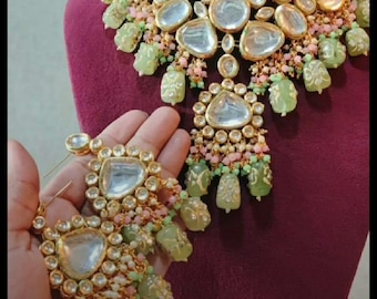 Handmade Kundan Polki Choker Necklace Set, Indian Bridal Jewelry
