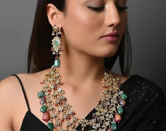 Rani haar kundan long set, colourfull stone kundan set, indian wedding long necklace, Bollywood jewelery for women, pakistani jewelery