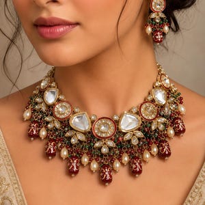 May include: A gold-toned necklace and matching earrings set. The necklace features large, clear, and round and teardrop-shaped stones, red and green accents, and dangling pearl-like beads. The earrings mirror the necklace design.