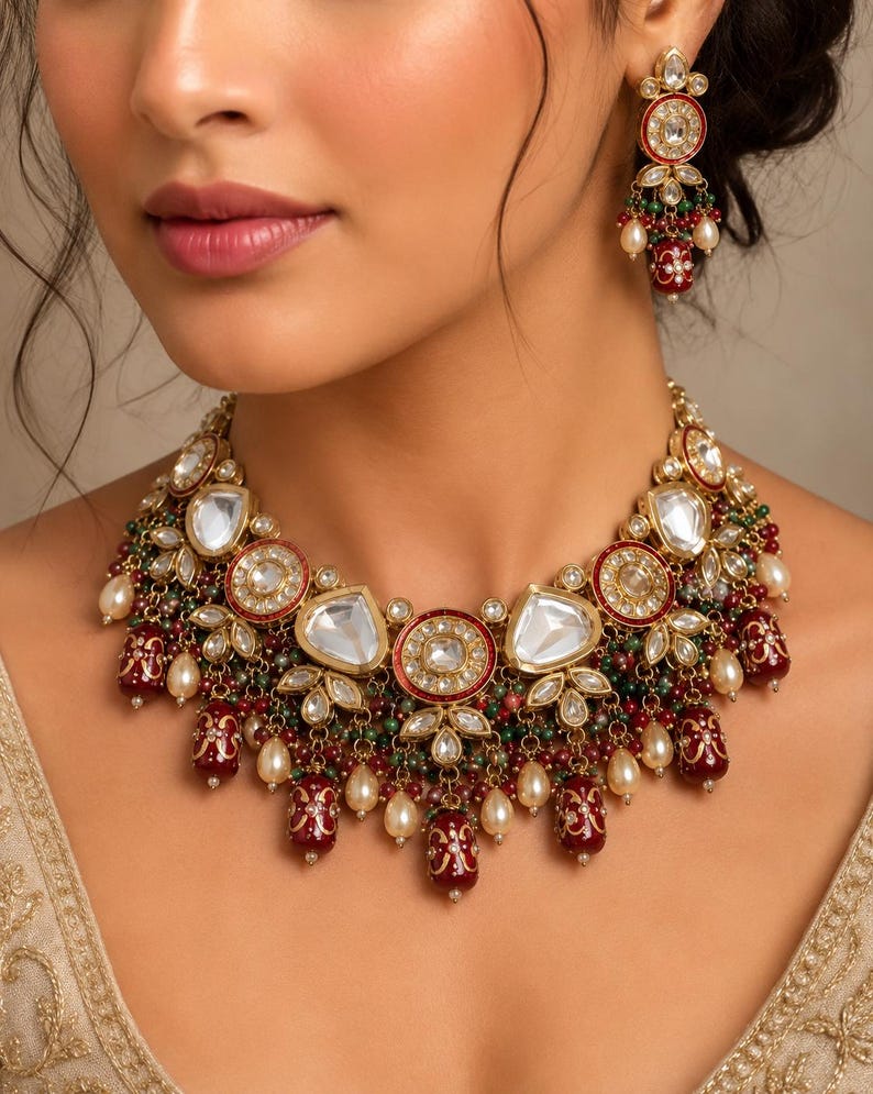 May include: A gold-toned necklace and matching earrings set. The necklace features large, clear, and round and teardrop-shaped stones, red and green accents, and dangling pearl-like beads. The earrings mirror the necklace design.