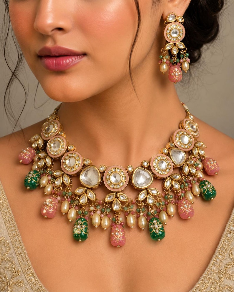 May include: A gold-toned necklace and matching earrings set. The necklace features pink and green gemstone drops, clear stones, and pearl accents. The earrings mirror the necklace design. The jewelry is set against a neutral background.