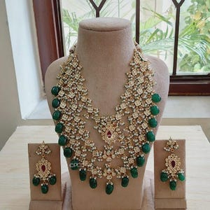 Rani haar kundan long necklace set, green stone kundan set,indian, wedding long necklace, Bollywood jewelery for women, pakistani jewelery.