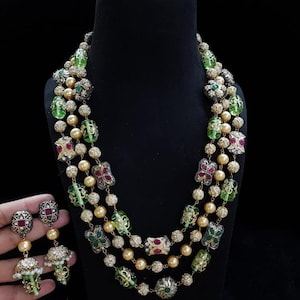 3layer long kundan necklace set, Victorian necklace, designer necklace, multi colour set, navratan set, Sabyasachi jewelery,indian jewelery