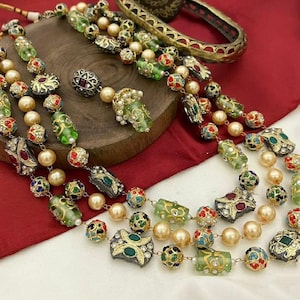 3layer long kundan necklace set, Victorian necklace, designer necklace, multi colour set, navratan set, Sabyasachi jewelery,indian jewelery