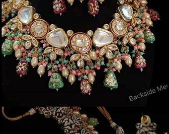 Green Kundan Polki Choker Set, Indian Bridal Jewelry