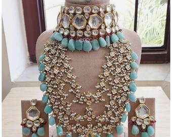 Rani haar kundan long necklace set, colourful stone kundan set,indian wedding long necklace, Bollywood jewelery for women,pakistani jewelery