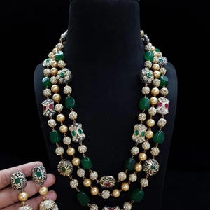 3layer long kundan necklace set, Victorian necklace, designer necklace, multi colour set, navratan set, Sabyasachi jewelery,indian jewelery