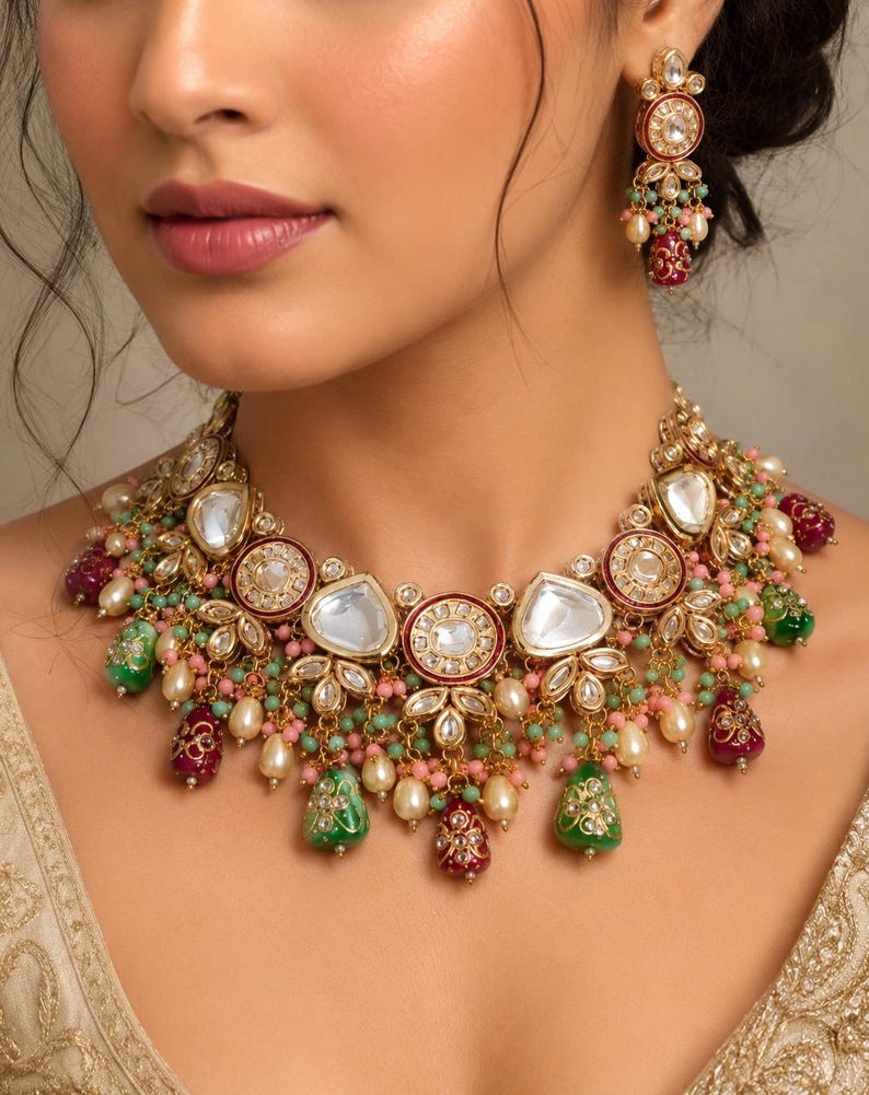 May include: A gold-toned necklace and matching earrings set. The necklace features large, clear, and red-rimmed circular and teardrop-shaped pendants, accented with green and pink beads, and white pearls. The earrings mirror the necklace design.