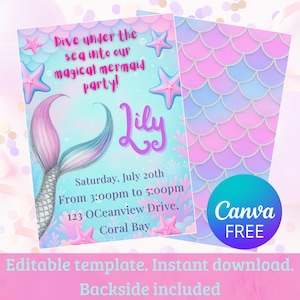 Editable Mermaid Birthday Invitation, Instant Download, Canva Template, Under the Sea Birthday Party Invite, Mermaid Tail Invitation