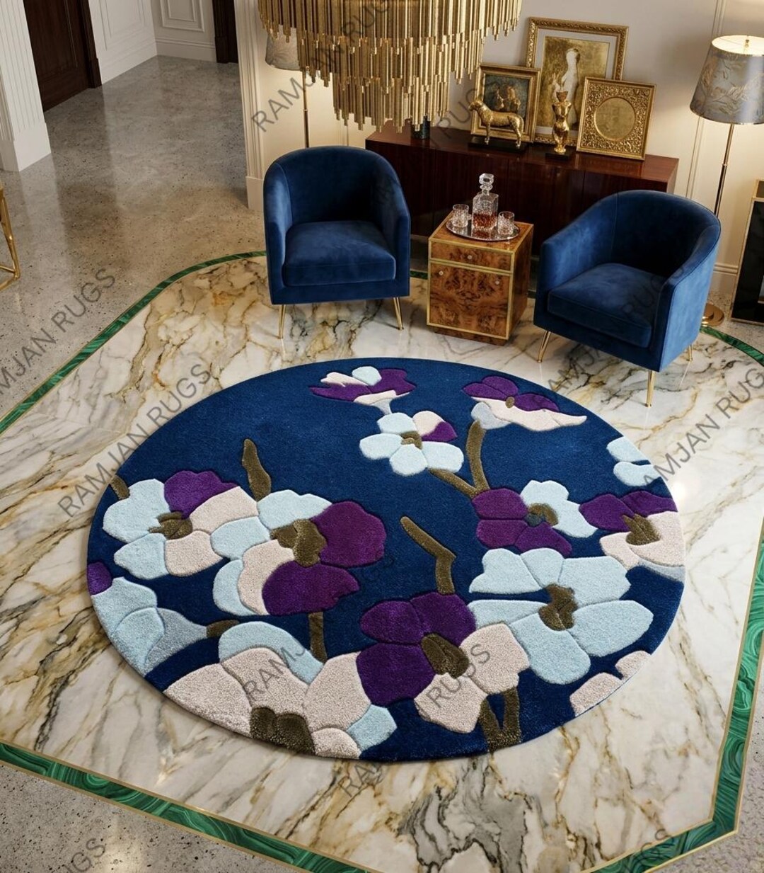 Handmade Floral Tufted Wool Rug, Round Navy Blue Carpet, Modern Luxury ...