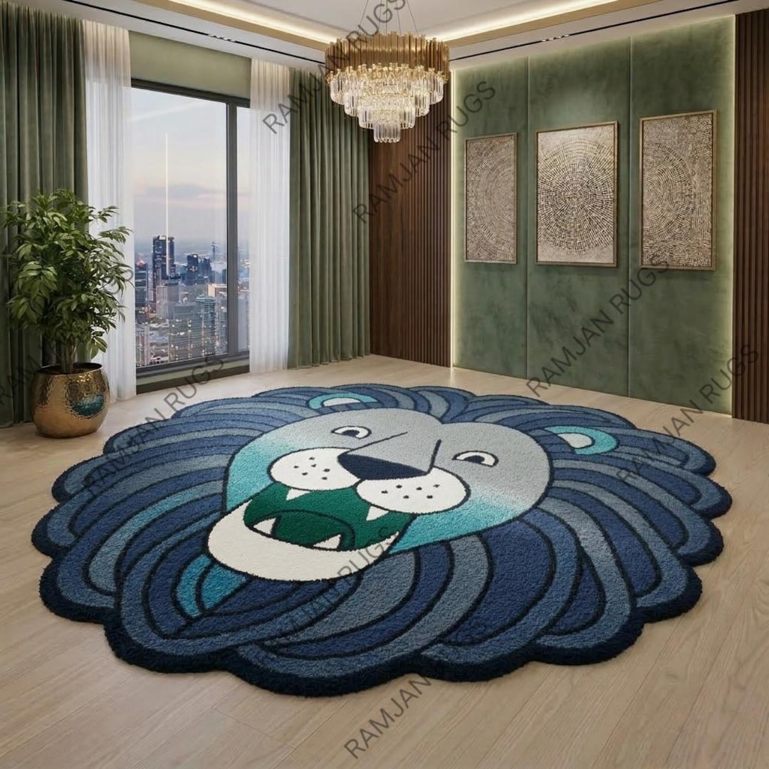 Handmade Blue Cartoon Lion Tufted Rug – Kids Animal Nursery Decor ...