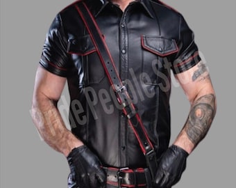 Camisa de motociclista masculina de couro legítimo: uniforme policial artesanal slim fit