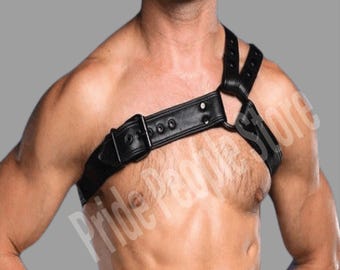Men's Black Leather Cross Chest Harness – Adjustable Real Leather Gay Tri Harness – Handmade Fetish Body Gear Gift for Him