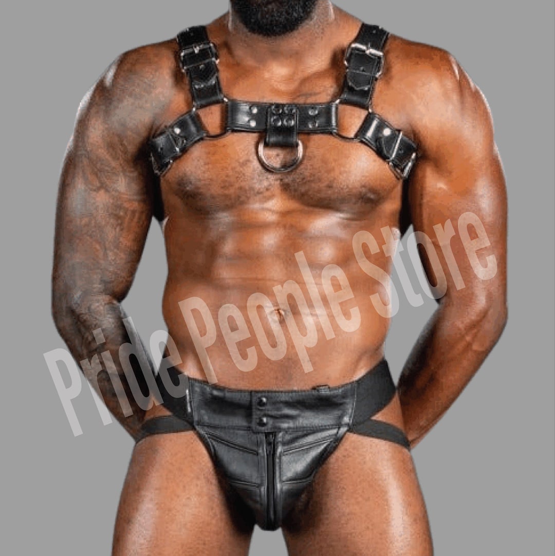 Black Leather Harness and Jockstrap Set – Gay Fetish BDSM Outfit