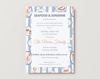 Seafood & Sunshine Editable Invitation | Summer Coastal Party Canva Template | Lobster Crab Nautical Printable
