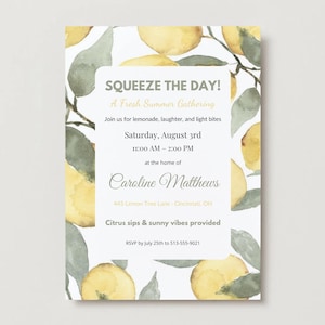 Squeeze the Day Party Invitation | Lemon Summer Editable Canva Template | Yellow Green Watercolor Birthday or Picnic Invite