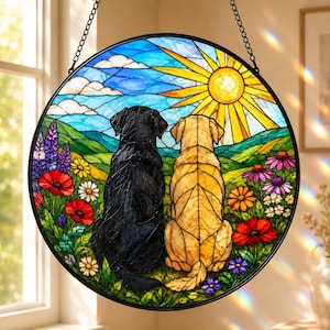 May include: A circular stained glass suncatcher featuring a black dog and a yellow dog sitting side by side in a field of colorful flowers. The background displays rolling green hills, a bright yellow sun with rays, and a blue sky with white clouds.
