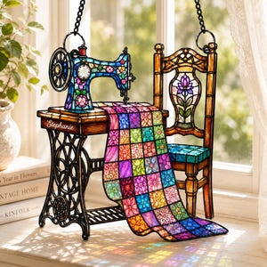 Könnte beinhalten: Ein Buntglas-Suncatcher mit einer Vintage-Nähmaschine auf einem Tisch, einem Quilt und einem Stuhl. Die Nähmaschine ist blau mit Blumenmustern und der Quilt ist ein mehrfarbiges Gitter. Auf dem Tisch ist der Name Stephanie aufgedruckt.