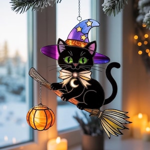 Black Cat Witch Acrylic Suncatcher, Witch Cat Hanging Window Decor,Haloween Cat Sun Catcher,Black Cat Stained Glass,Spooky Fall Window Decor