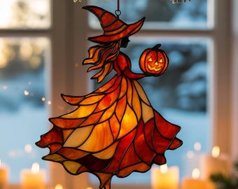 Akrylowy łapacz słońca w kształcie czarownicy na Halloween, imitacja czarownicy, dekoracja okienna w kształcie dyni czarownicy, upiorna jesienna ozdoba, sezonowy wystrój domu