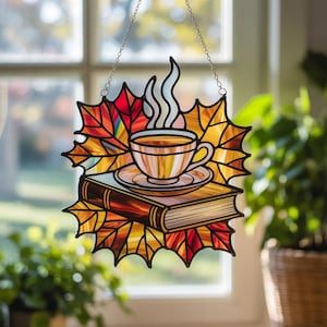 Cozy Fall Acrylic Window Hanging, Autumn Tea Cup and Books Suncatcher, Fall Leaves Window Decor, Warm Seasonal Home Accent, Christmas Decor