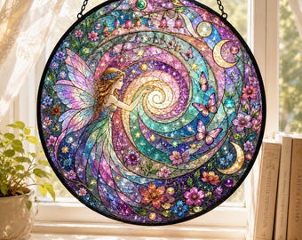 Fairy Spiral Stained Glass Suncatcher, Floral Butterfly Window Hanging, Acrylic Sun Catcher Decor, Whimsical Fairy Gift, Boho Garden Art