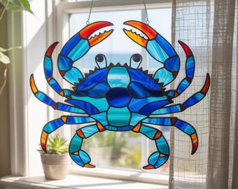 Blue Crab Acrylic Suncatcher, Coastal Window Decor, Beach House Ornament, Sea Animal Hanging Art, Nautical Summer Decor, Xmas Tree Ornament
