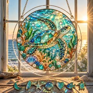 May include: A circular stained glass suncatcher featuring a sea turtle swimming among coral and bubbles in shades of blue, green, and gold. The piece is suspended by a metal chain and casts colorful light reflections of a moon, leaf, star, shell, heart, fish, and turtle.