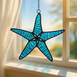 Blue Starfish Acrylic Suncatcher, Ocean Window Hanging, Coastal Beach Decor, Nautical Home Decoration, Sea Star Sun Catcher, Xmas Tree Decor