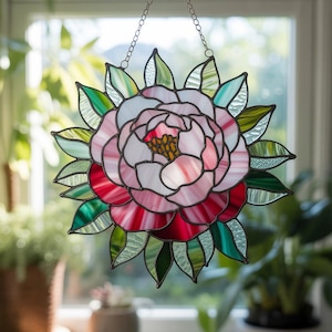 Peony Flower Acrylic Suncatcher, Pink Peony Window Hanging, Stained Glass Style Peony Ornament, Spring Garden Decor, Boho Flower Ornament