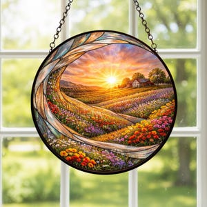 Puede incluir: Vidriera redonda que representa una puesta de sol sobre un campo de flores coloridas. La obra de arte presenta una granja, colinas y un sol brillante. La ventana tiene un borde decorativo y cuelga de una cadena.