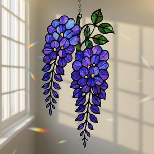 Purple Wisteria Acrylic Suncatcher,Flower Window Hanging Decor,Stained Glass Style Floral Sun Catcher,Boho Garden Ornament,Flower Home decor