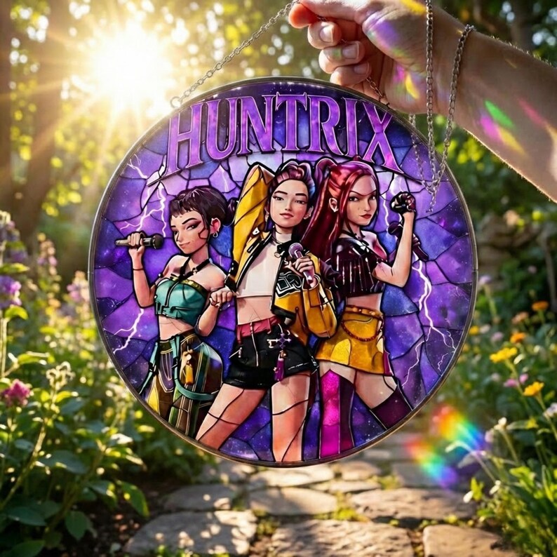 Huntrix Microphone Roun Huntrix Girl Group Glass Suncatcher, K-pop Demon Hunters Stained Glass ...
