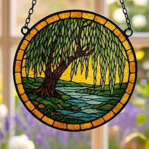 Willow Tree Acrylic Suncatcher, Nature Landscape Window Hanging Decor, River Sunset Ornament, Peaceful Boho Sun Catcher Art