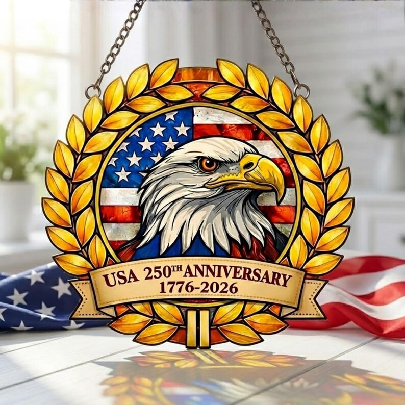USA 250th Anniversary Bald Eagle Acrylic Suncatcher, Laurel Wreath