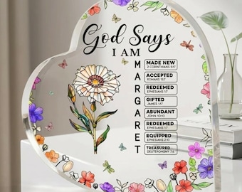 Birth Month Flower Christian Gift for Women, God Says I Am Acrylic Plaque, Personalized Birth Flower Gift, Bible Verse Decor, Faith Gift