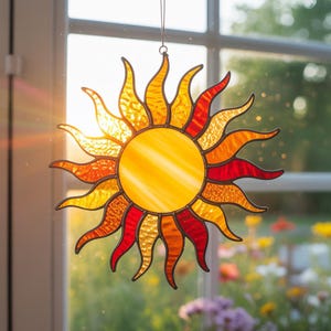 Sol akryl solfångare, himmelsk solstråle fönsterhängande, andlig solskensdekor, boho solstråle fönsterkonst, solprydnad, julgransdekor