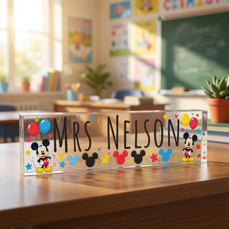 May include: A clear rectangular acrylic desk sign featuring the black text "MRS. NELSON" in a playful font. The design includes colourful illustrations of Mickey Mouse, red and blue balloons, and various small star and mouse-ear shaped confetti icons.