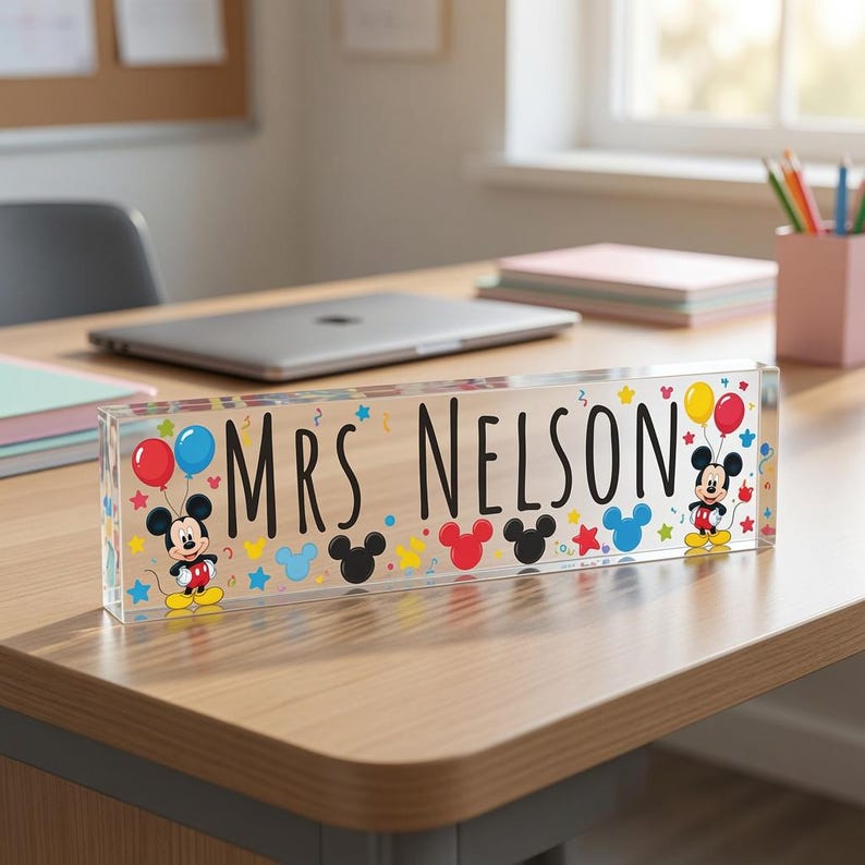 Personalized Mickey Mouse Balloons Acrylic Desk Name Plate, Custom Teacher Appreciation Gift Block Plaque, Disney Office Room Decor Sign image 2