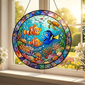 Finding Nemo Family Glass Suncatcher, Nemo Dory and Clownfish Ocean Scene, Disney Suncatcher, Family Gift, Sea Life Decor