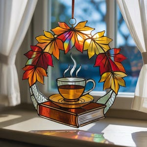 Autumn Tea Cup Acrylic Suncatcher, Fall Leaves Stained Glass Style Window Hanging, Cozy Book Lover Window Decor, Christmas Tree Ornament