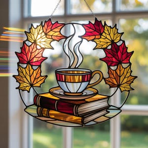Cozy Fall Acrylic Window Hanging,Autumn Coffee Book Suncatcher,Fall Maple Leaf Glass Window Decor,Cozy Reading Glass Art,Book Lover Ornament