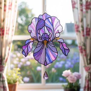 Purple Iris Flower Window Hanging, Acrylic Crystal Sun Catcher, Iris Flower Stained Glass, Floral Sun Catcher Ornament, Garden Window Decor