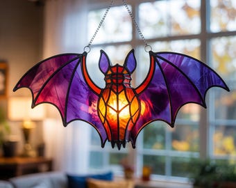 Bat Lantern Acrylic Suncatcher, Halloween Window Hanging, Purple Gothic Bat Decor, Spooky Window Ornament, Haunted House Wall Decoration