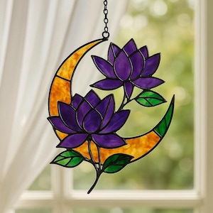 Purple Lotus Acrylic Suncatcher, Crescent Moon Floral Window Hanging, Lotus Stained Glass, Spiritual Lotus Flower Decor, Christmas Ornament