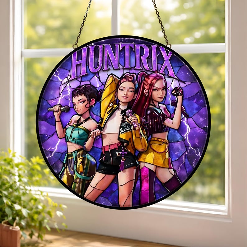 Huntrix Microphone Roun Huntrix Girl Group Glass Suncatcher, K-pop Demon Hunters Stained Glass ...